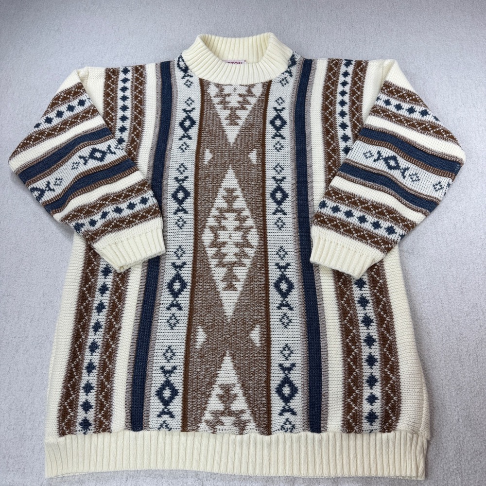 Vintage Clifton Place Knits Southwestern Geometric Sweater Navy Brown Cream USA